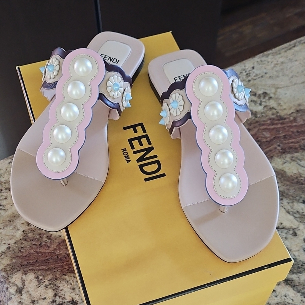 Fendi Women's Pink and Cream Sandals with Pearl Details